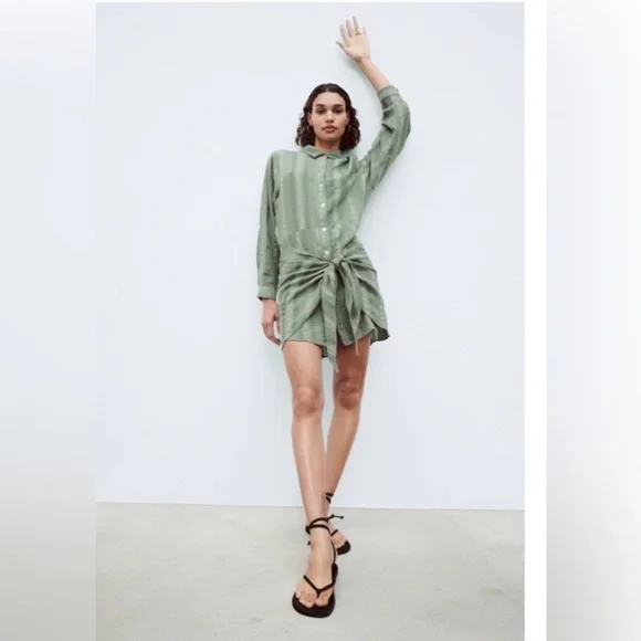 olive green formal dress with sleeves ZARA. Gathered midi dress. TM – Hibuy market main image 0